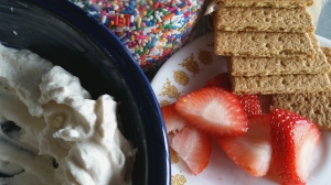 whipped cream, strawberries, Graham crackers, sprinkles