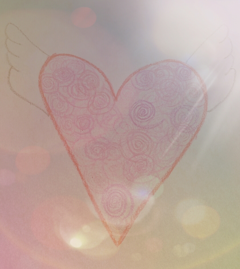 Sketch of a heart with wings, with lens flare