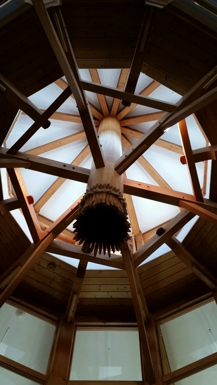 Wooden beams in a hexagonal ceiling